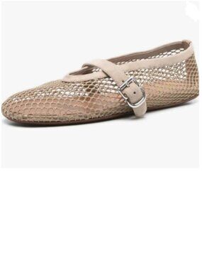 Zszszsu Beige Mesh Mary Jane Flats Round Toe with Buckle Strap Shoes